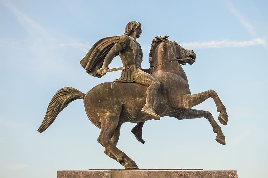 hombre, equitación, estatua del caballo, Grecia, Tesalónica, Alejandro Magno, emperador, escultura, Macedonia, monumento