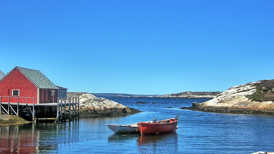 red, white, boats, blue, body, water, daytime, peggy's cove, nova scotia, canada