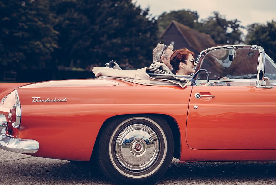 two, man, woman, riding, red, ford thunderbird, people, ford, thunderbird, convertible