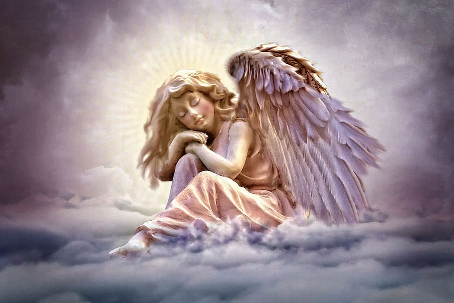 angel with clouds, angel, clouds, sky, violet, wing, romantic, contemplative, dream, faith