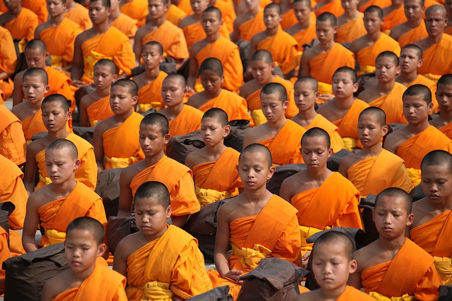 Foto de monjes meditando, Tailandia, budistas, monjes y novicios, meditar, budismo, niños, naranja, túnicas, tailandés