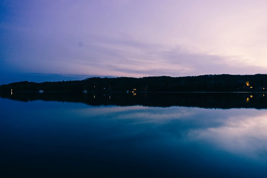 body, water, mountain, silhouette, island, nighttime, lake, reflection, purple, sky
