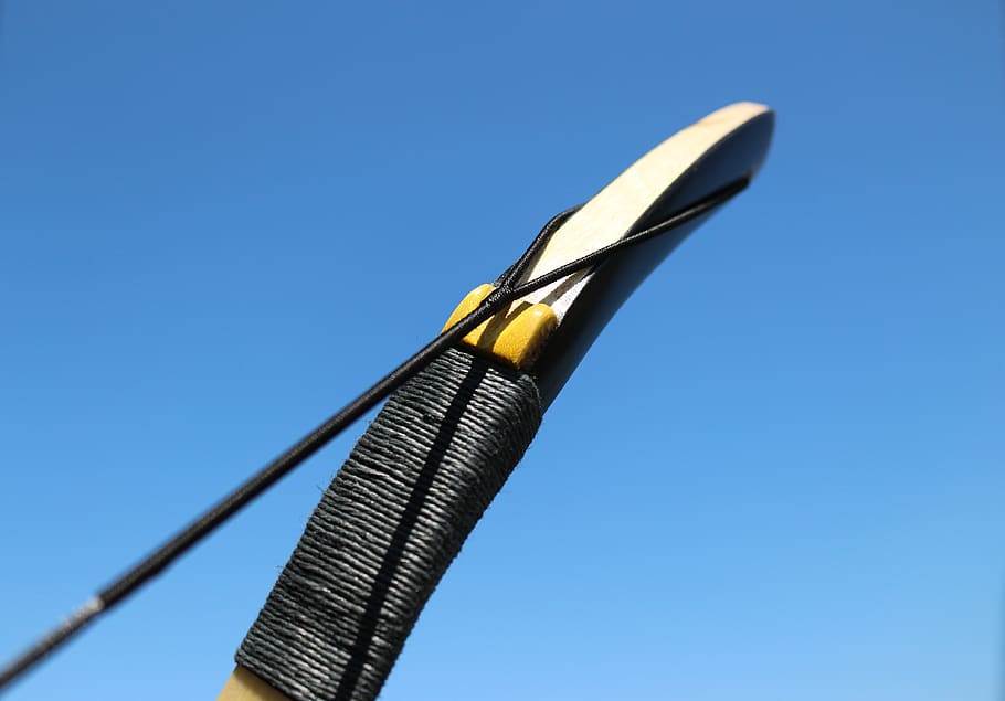 arch, rider arch, archery, traditional bow, weapon, mongolian bow, blue, close-up, metal, clear sky