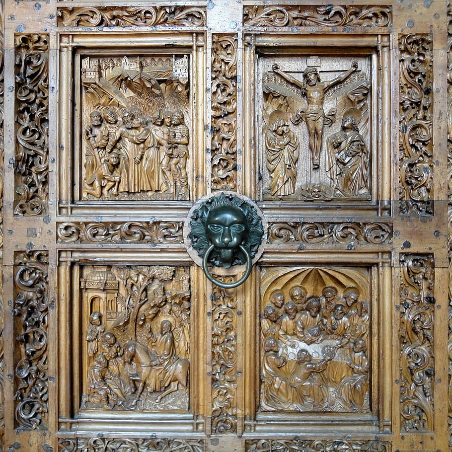 Iglesia, puerta de la iglesia, portal, entrada, talla de madera, Lake Constance, Constance, puerta, cerrado, sin gente