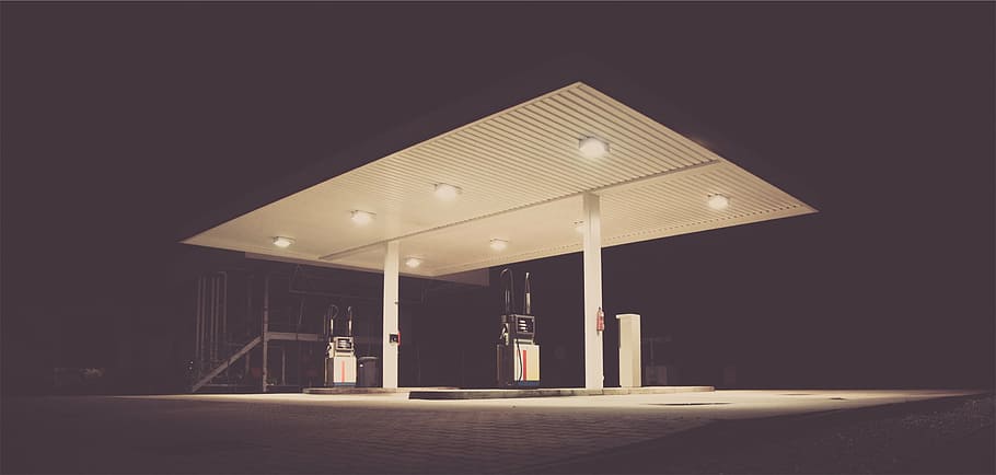 gasoline station, gasoline, station, night, time, gas station, service station, pumps, dark, illuminated