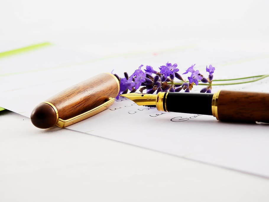 brown, fountain pen, white, paper sheet, lavender, flower, purple, nature, violet, flowers