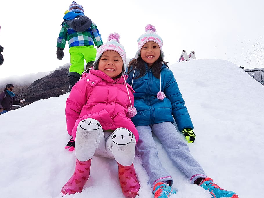 new zealand, snow, kids, winter, cold temperature, warm clothing, females, child, childhood, clothing