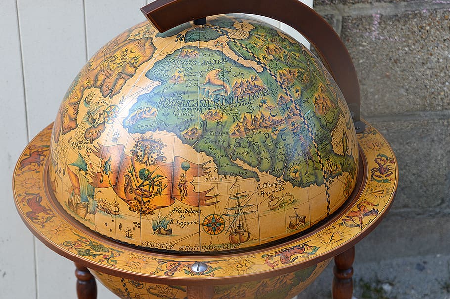 планета, карта мира, бар глобуса мира, земля, глобус, карта, старая карта, полушарие, крупный план, глобус - рукотворный объект