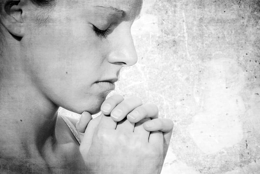 grayscale woman picture, prayer, devotion, thought, christ, worship, human body part, one person, portrait, young adult