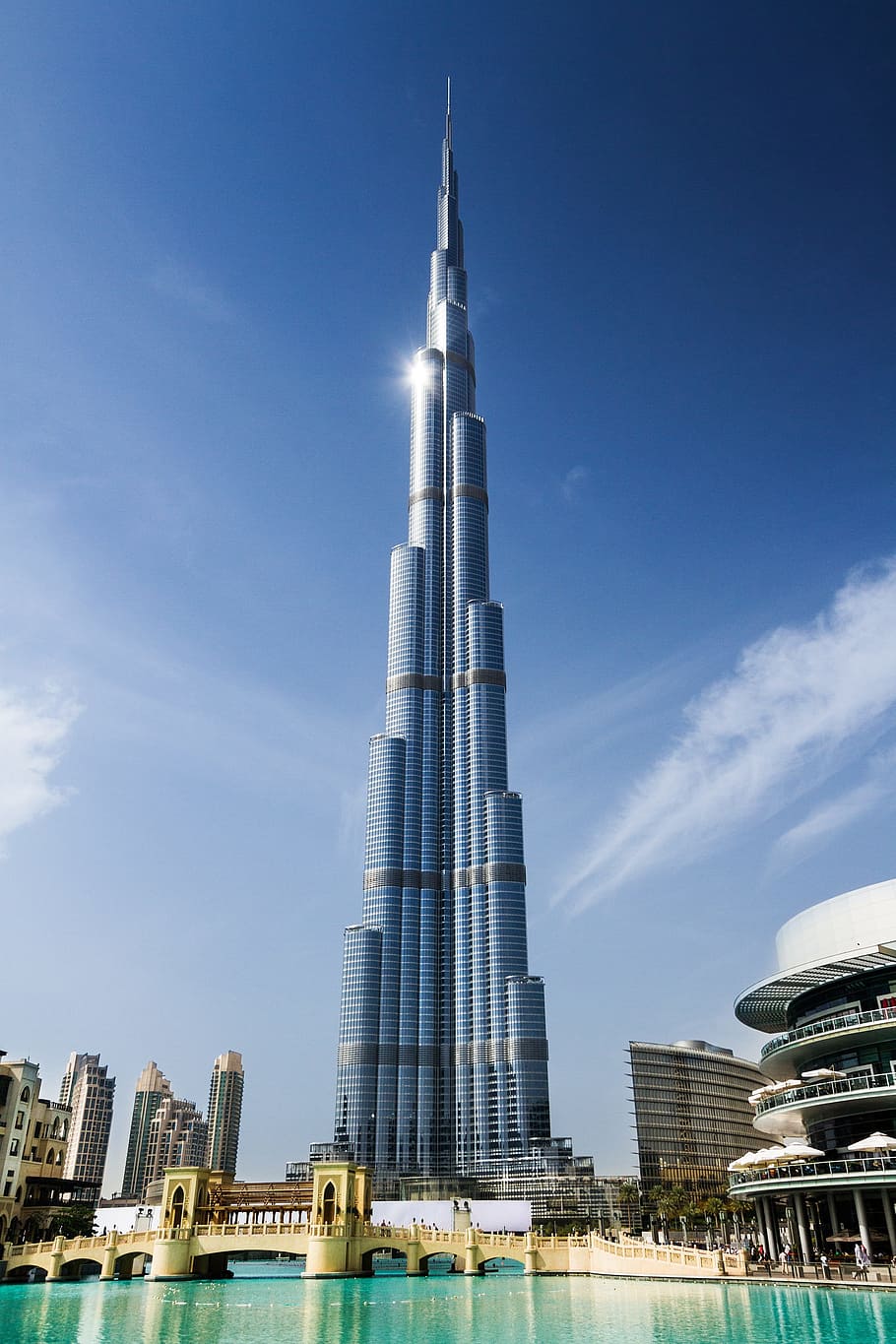 white, blue, building, dubai, tower, arab, khalifa, burj, emirates, city