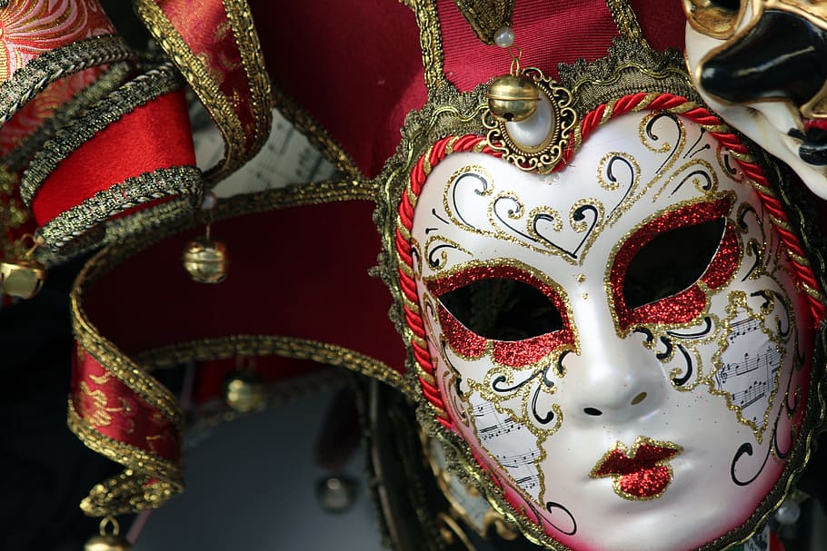 close-up photo, white, red, masquerade mask, venice, italy, mask, venezia, carnival, costume
