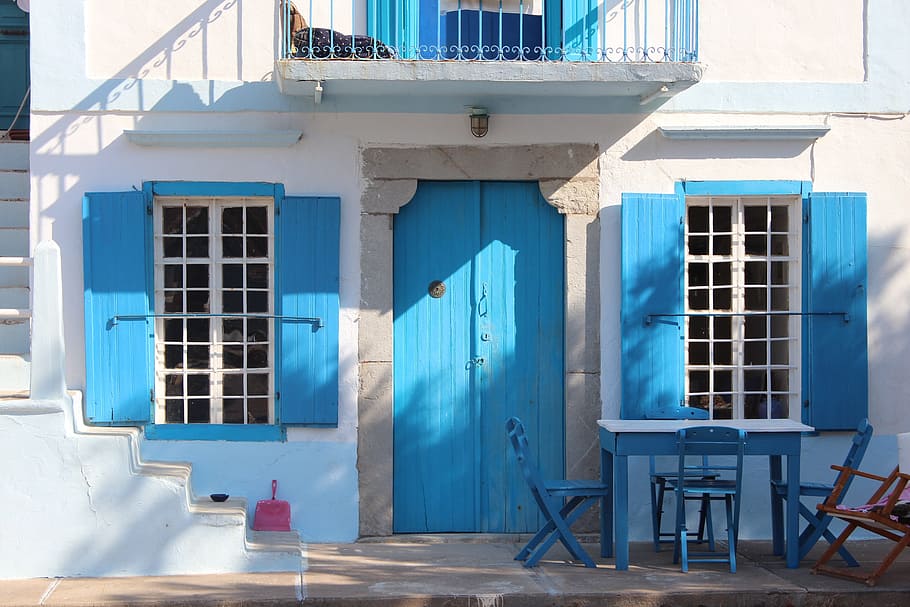 white, house, blue, wooden, door, windowpane, window, architecture, family, shadows