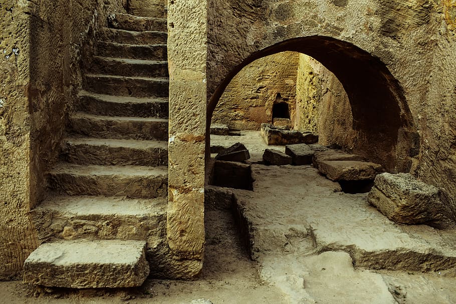 茶色のコンクリート階段, キプロス, パフォス, 王の墓, 考古学, 歴史的, 石, 古代, ユネスコ遺産, 建築