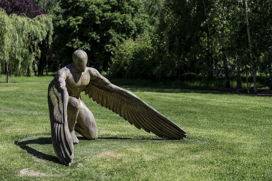 angle, gray, statue, green, grass, daytime, Man, wings, sculpture, field