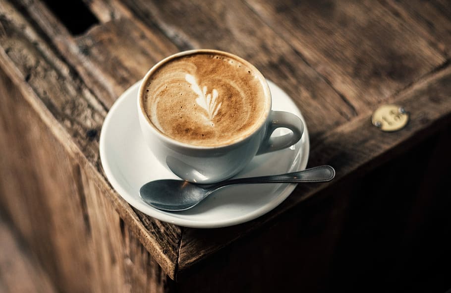 Cappuccino, café, caffe latte, caffelatte, copa, café com leite, latte art, latteart, ao ar livre, colher