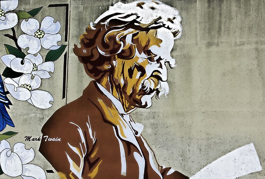 mark twain, painting, book, classics, reading, cape girardeau, river wall, one person, real people, art and craft