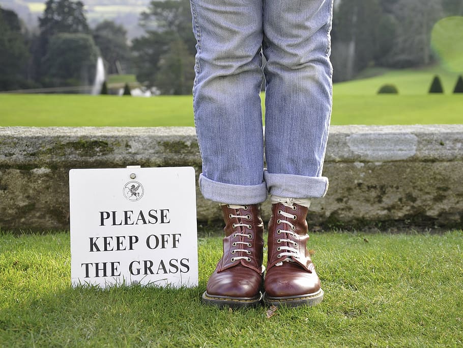 person, blue, jeans, brown, leather boots, rule breaker, boots, grass, footwear, outdoor