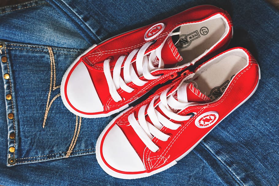 red, shoes, Denim, red shoes, various, clothes, clothing, footwear, shoe, jeans
