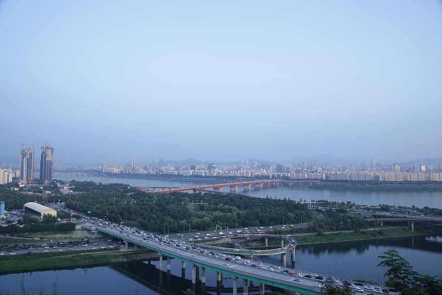 interchanges, eungbongsan, summer, architecture, built structure, building exterior, city, water, connection, cityscape