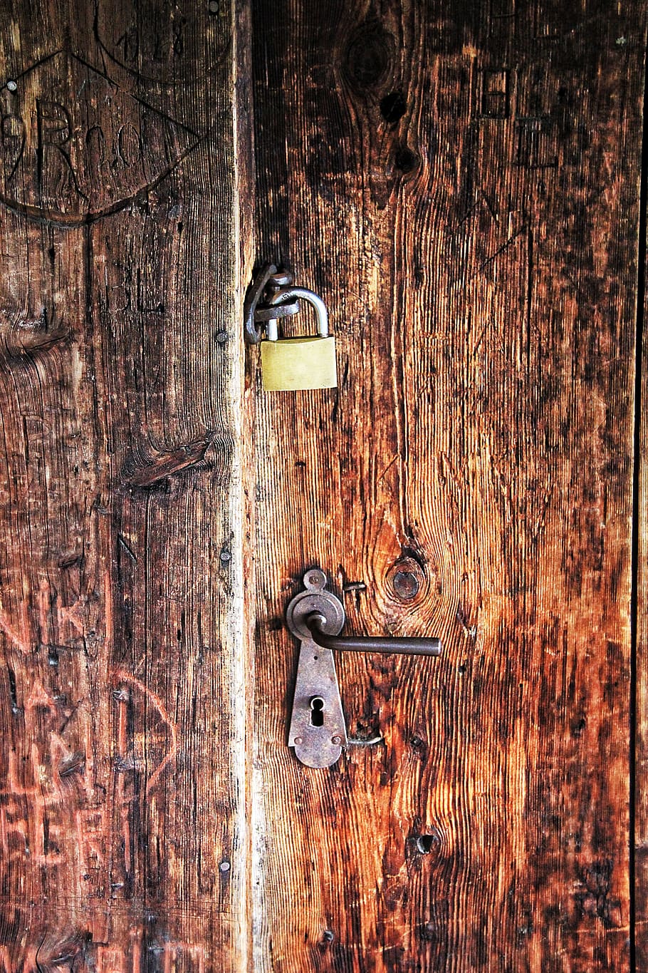 pintu, kastil, kayu, pegangan pintu, keamanan, kunci pintu, pas, lubang kunci, bahan kayu, logam