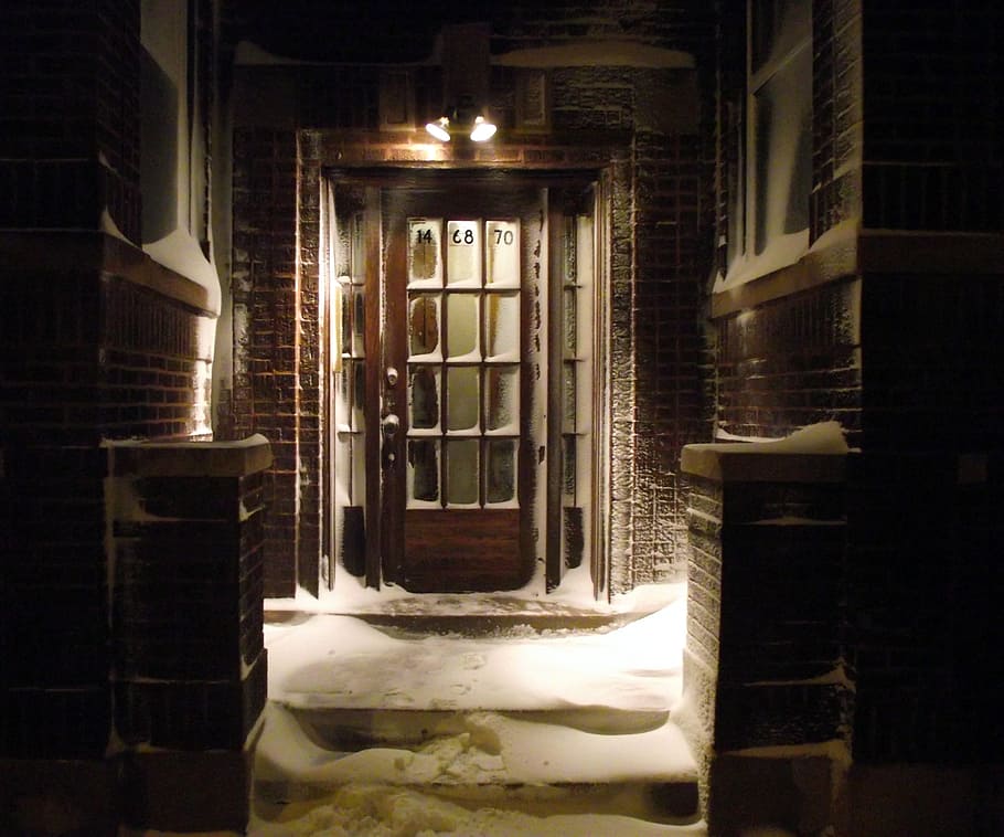 snow, covered, house, night, cold, door, stairs, lost, homeless, winter