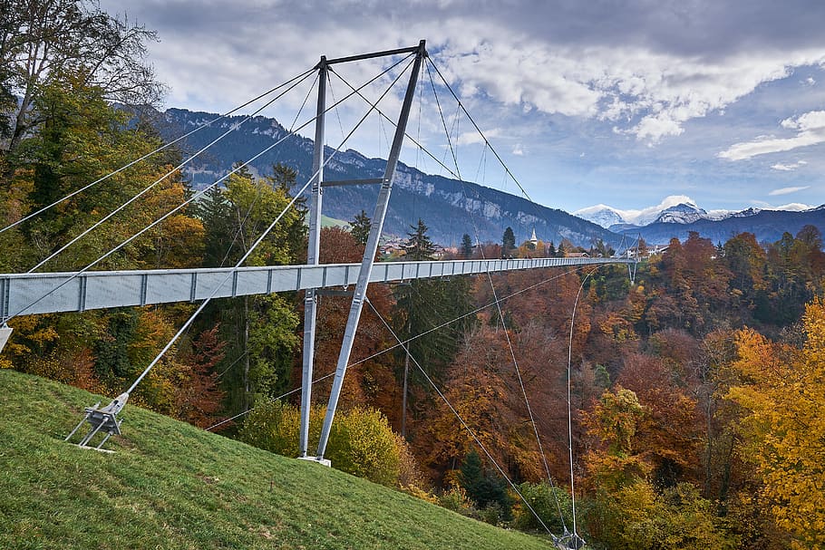 jembatan gantung, sigriswil, pejalan kaki, pegunungan Alpen, swiss, modern, konstruksi, teknik, ngarai, gunung