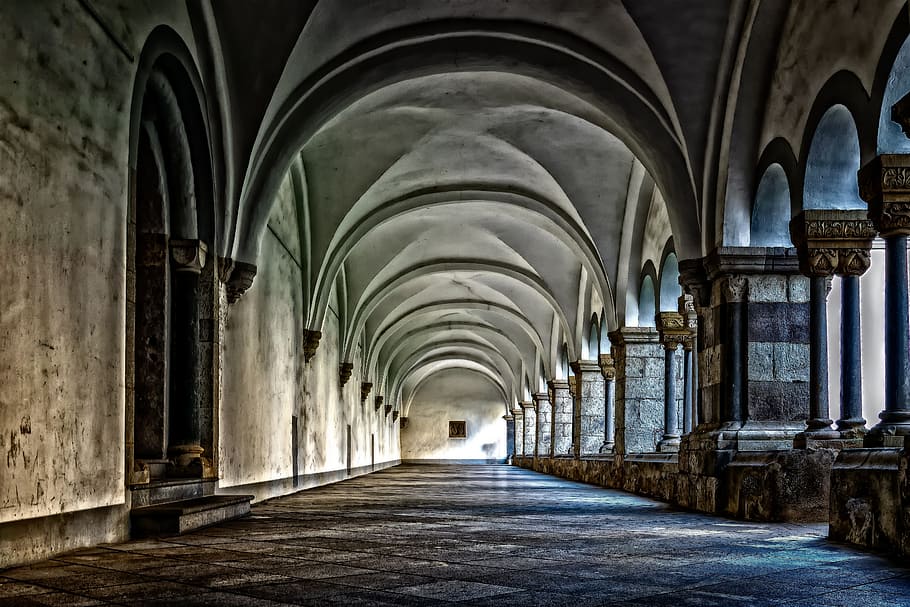 photography, brown, concrete, building, monastery, cloister, abbey, gang, architecture, vault