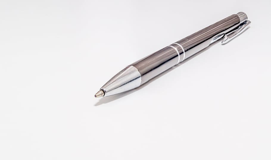 gray, retractable, pen, white, top, ball-point pen, ink pen, write, silver pen, write desire