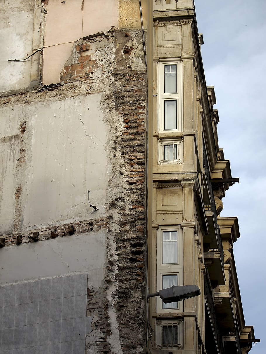 building, ruins, old, facade, old building, brick, wall, cracks, sky, oxide