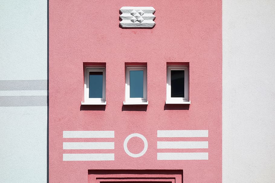 pink, white, concrete, building, architecture, infrastructure, wall, design, built structure, window