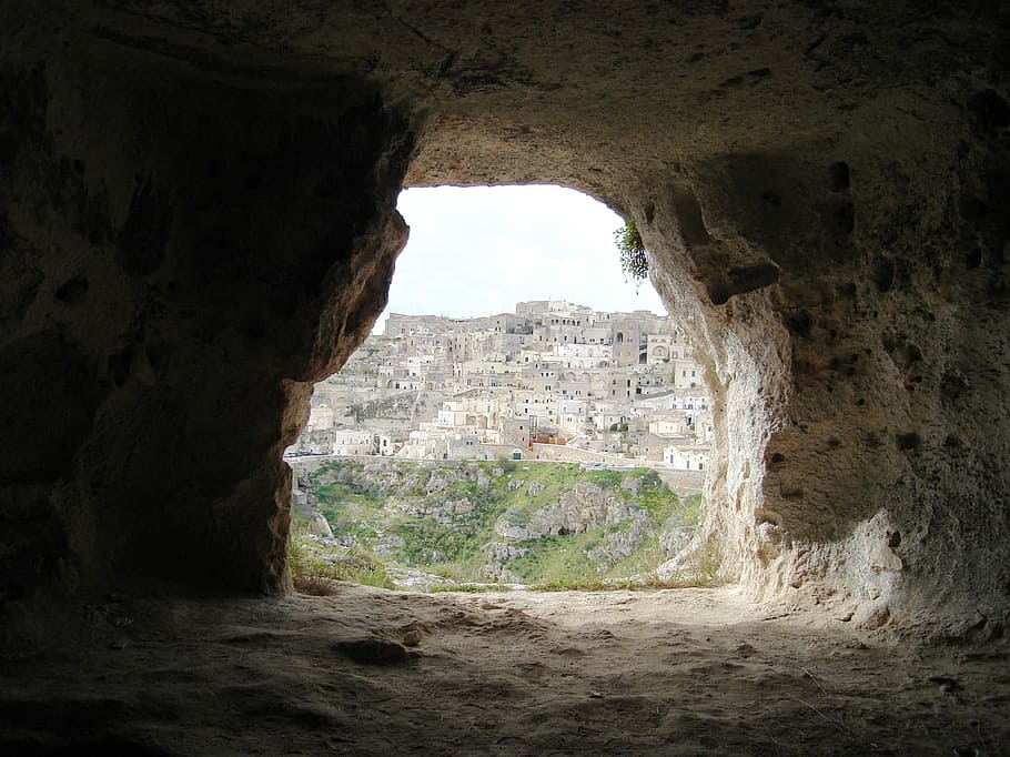 gray concrete cave, matera caves, cave, southern italy, matera view, ancient dwelling, prehistoric dwellings, rock, rock - object, solid