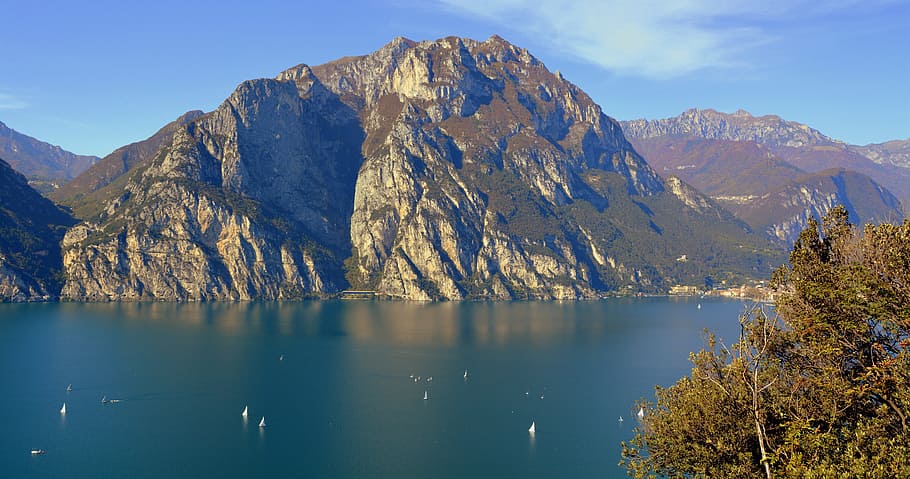 lake, landscape, mountain, garda, italy, boat, water, scenics - nature, mountain range, sky