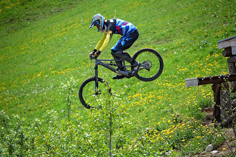 bike, human, person, sport, bike park, obstacle, jump, action, nature, cycling