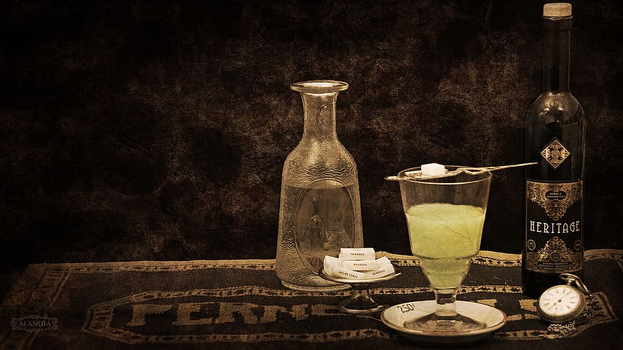 absinthe, wormwood, alcohol, beverage, liquor, fennel, anise, container, food and drink, food