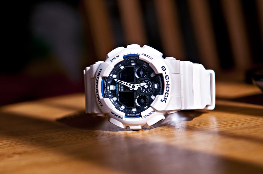 g-shock, watch, white, objects, clock, time, close-up, indoors, technology, wristwatch