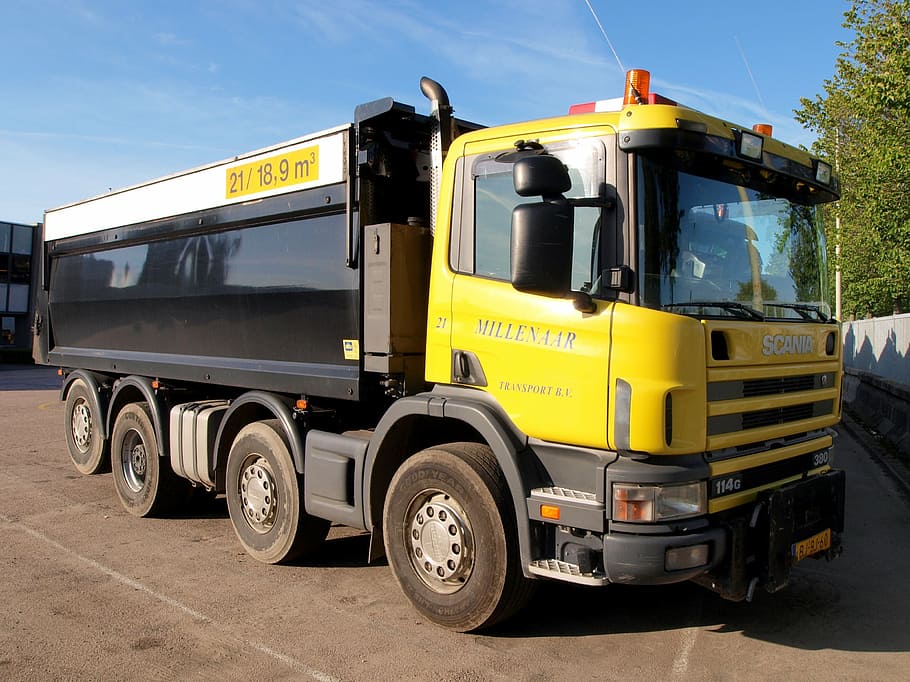 yellow, black, garbage truck, daytime, truck, lorry, scania, cargo, transportation, delivery