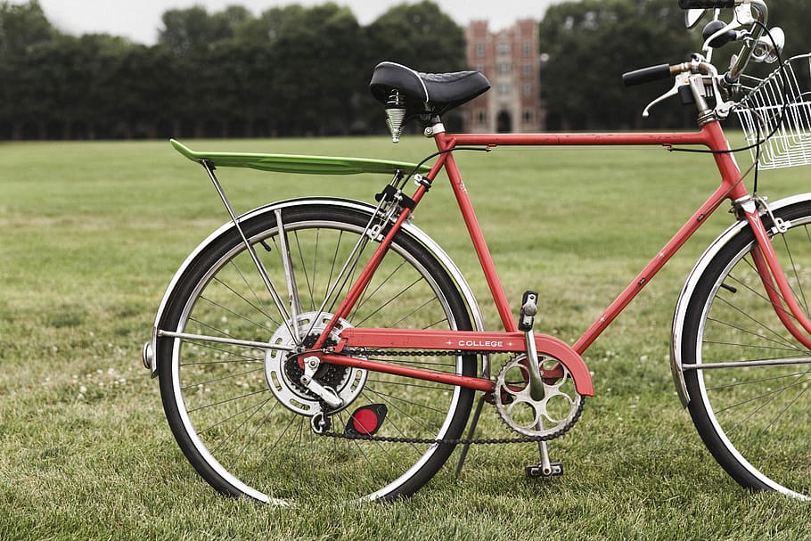 rojo, híbrido, bicicleta, verde, campo, bicicleta híbrida, campo verde, objetos, perezoso, universidad