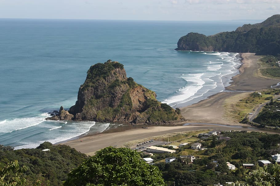 rock formation, shore, lion rock, piha, auckland, new zealand, sea, water, scenics - nature, beauty in nature