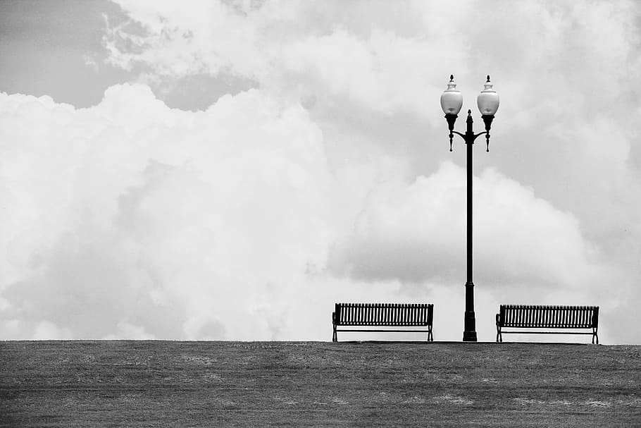 grayscale photo, lamp post, two, benches, park, seat, outdoors, nobody, peaceful, empty