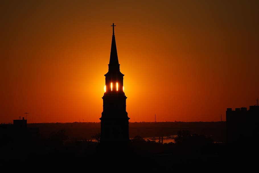 silhouette photograph, church, tower, golden, hour, steeple, spire, charleston, south carolina, sunset