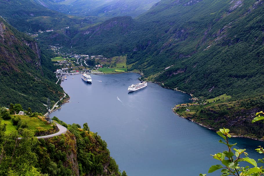 two, cruise ships, dock, geiranger, norwegian fjord, panoramic, bay, nature, mountain, river