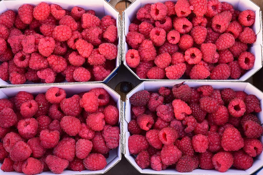 raspberries, berries, fruits, red, fruit, fruit körbchen, market, healthy, vitamins, frisch