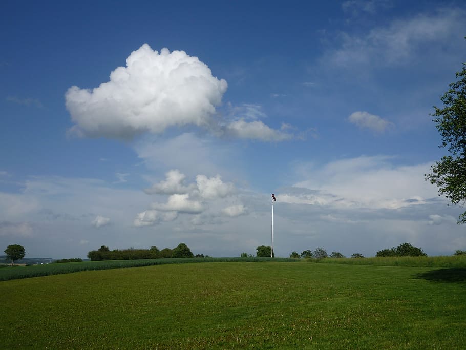 wind vane, wind direction sensor, weathervane, hill, cloud, sky, grass, hill land, landscape, beautiful