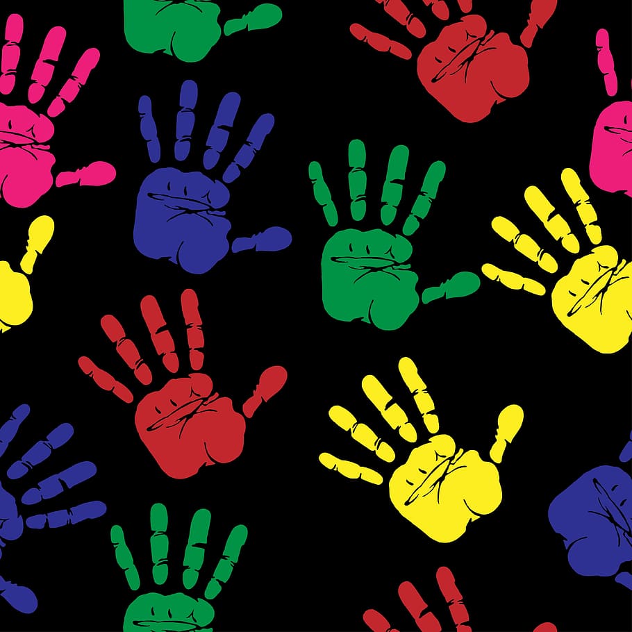 assorted-color hand paints, black, background, handprints, hand print, colourful, colorful, print, human, fun