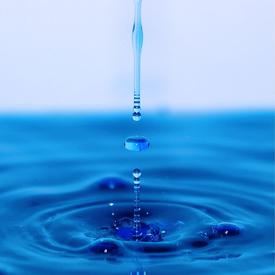 closeup, water drop, one of a kind, water, blue, drop, splashing, rippled, falling, motion