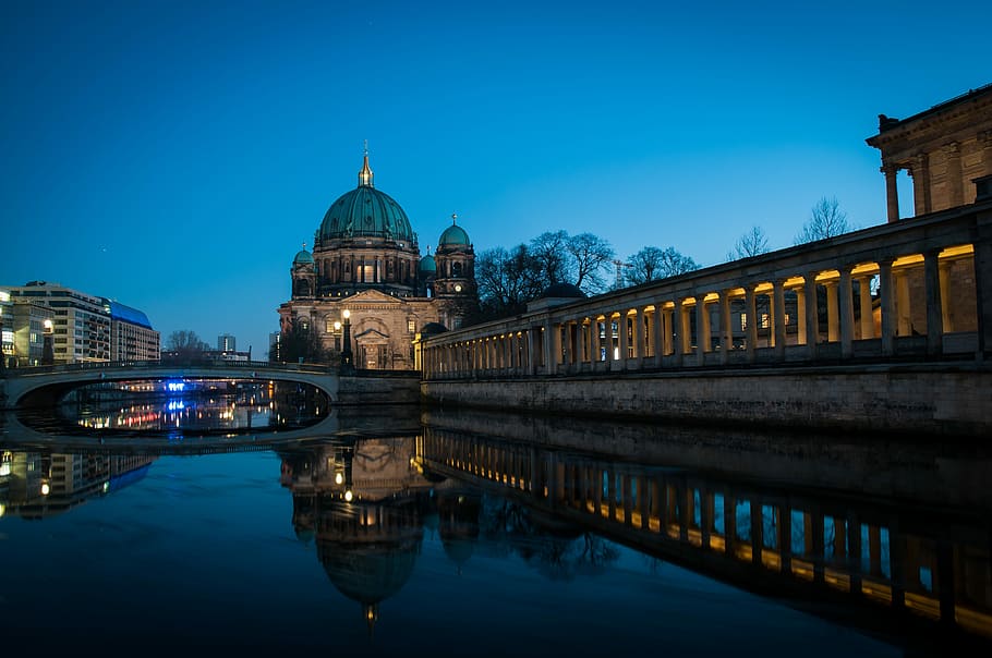 dome, sacred, heart basilica, architecture, travel, city, river, water, berlin, berliner dome
