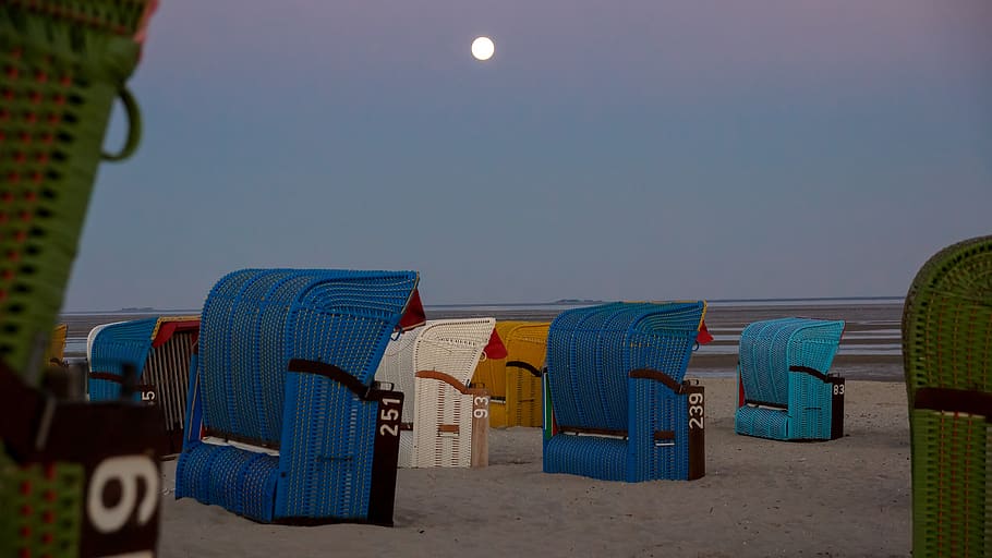 beach, night, beach chair, ocean, sea, roofed, wicker, landscape, sand, moon