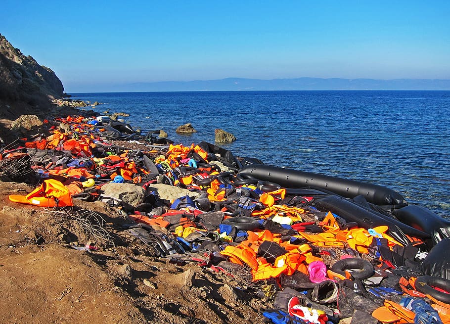 life jackets, syria, war, orange, beach, refugees, lesvos, greece, raft, rubber raft