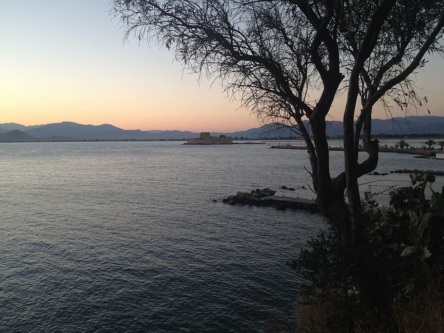 nafplion, greece, see, sunset, peloponnese, bourtzi, water, sky, beauty in nature, tranquility
