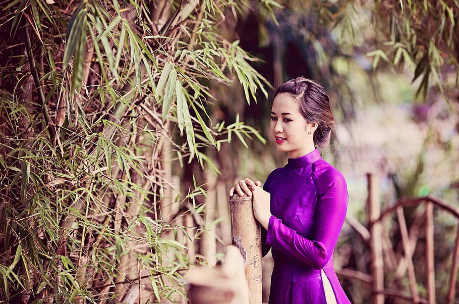 woman, standing, front, brown, bamboo, stick, vietnam, girl, female, asian